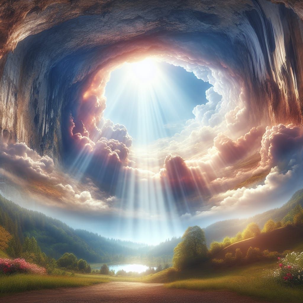 Ethereal Cave Illuminated by Heavenly Sunlight