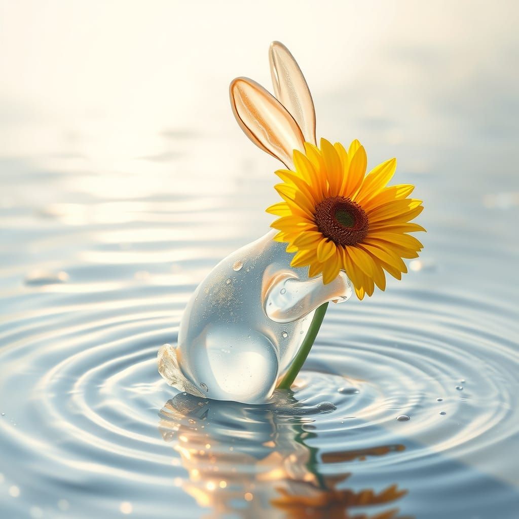 Serene Water Rabbit Emerges from Silver River with Bright Su...