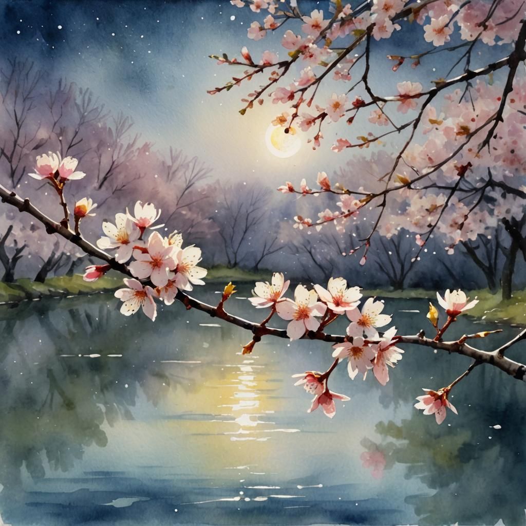 Cherry Blossoms Branch in Wet Watercolor Style