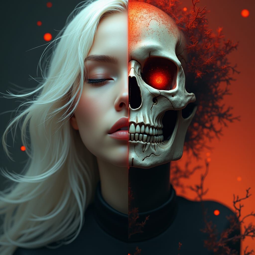 Surreal Split-Face Portrait: Life and Death Duality