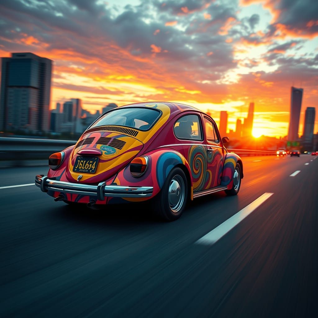 Vibrant VW Beetle Speeds Towards Cityscape: Hyperrealism