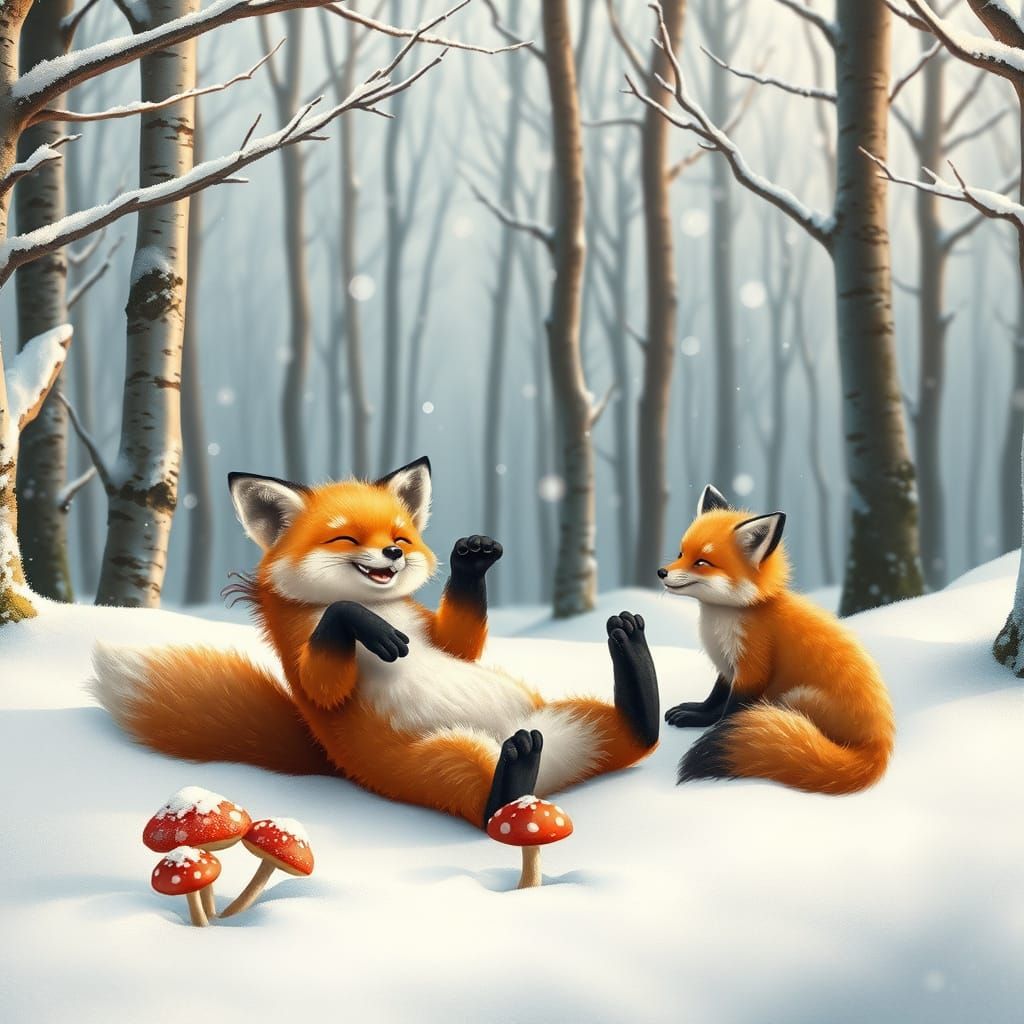 Whimsical Winter Wonderland with Frolicking Foxes