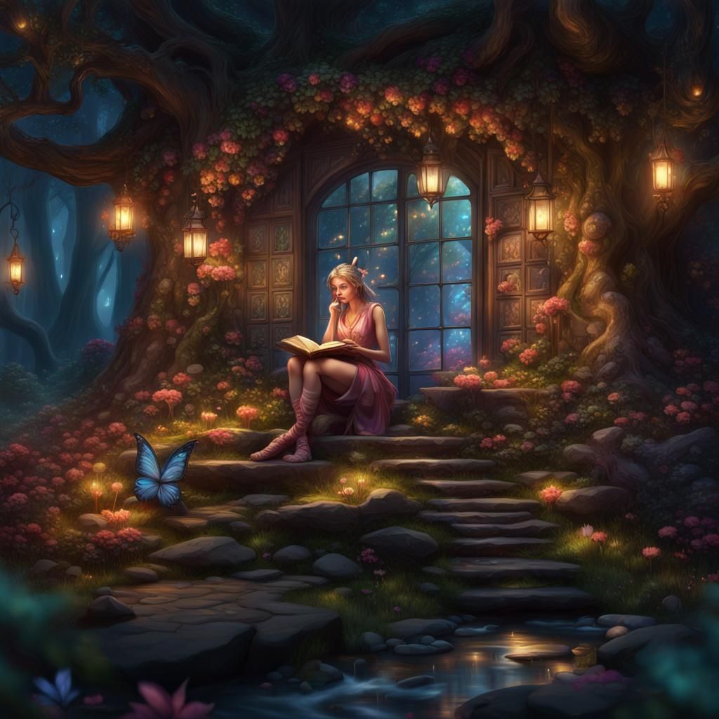Enchanted Fairy Bookshop in Forest, Digital Art