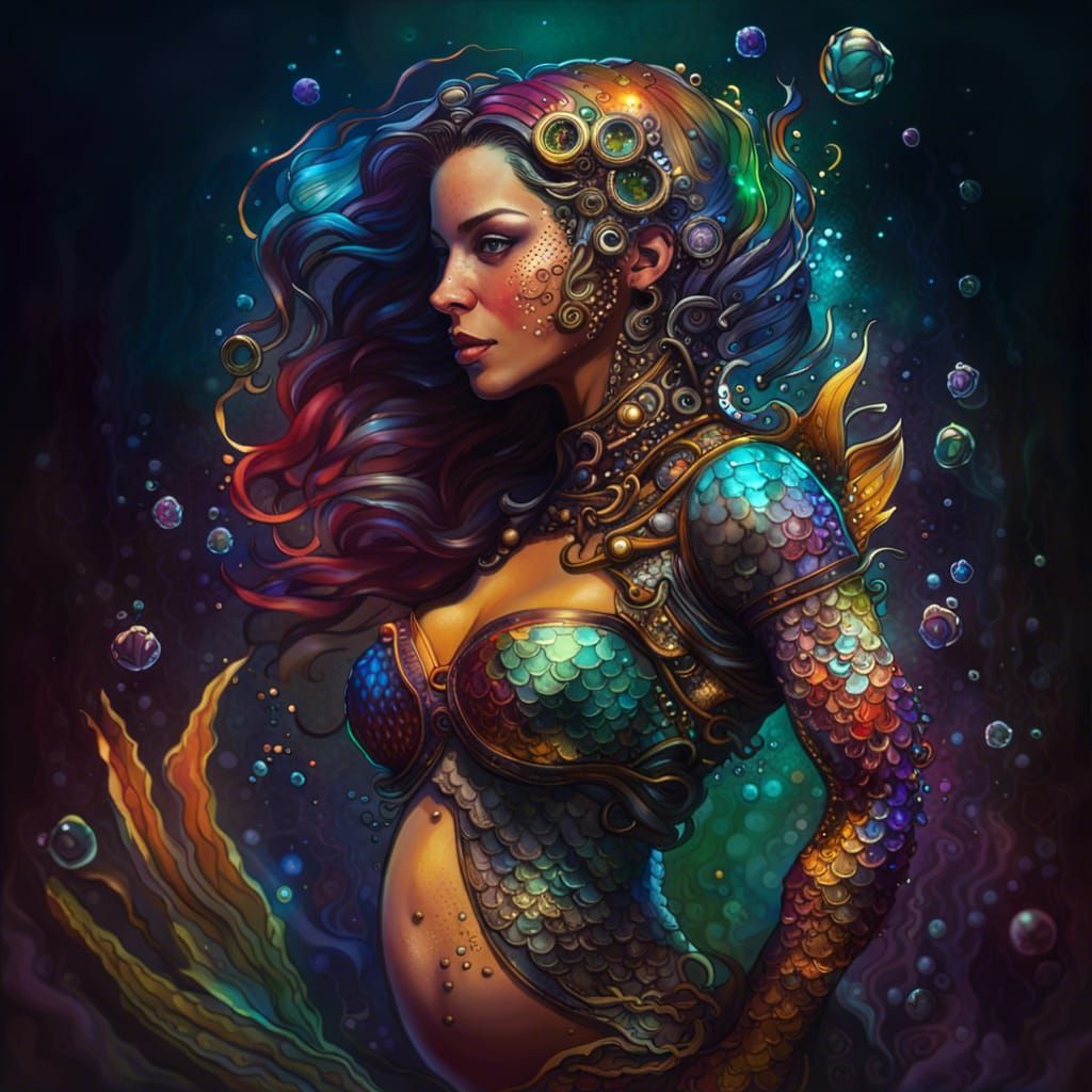 Steampunk Mermaid Warrior Mother: Colorful Underwater Concep...