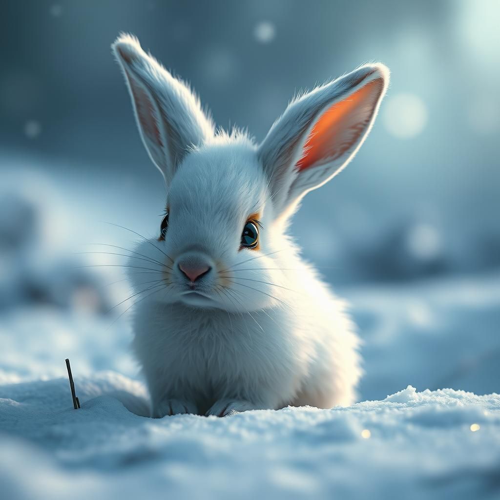 Glowing-Eyed Bunny in Snowy Fantasy Landscape
