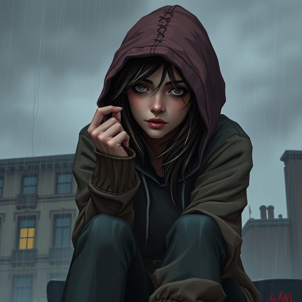 Woman Crying in Rainstorm, Realistic Art Style