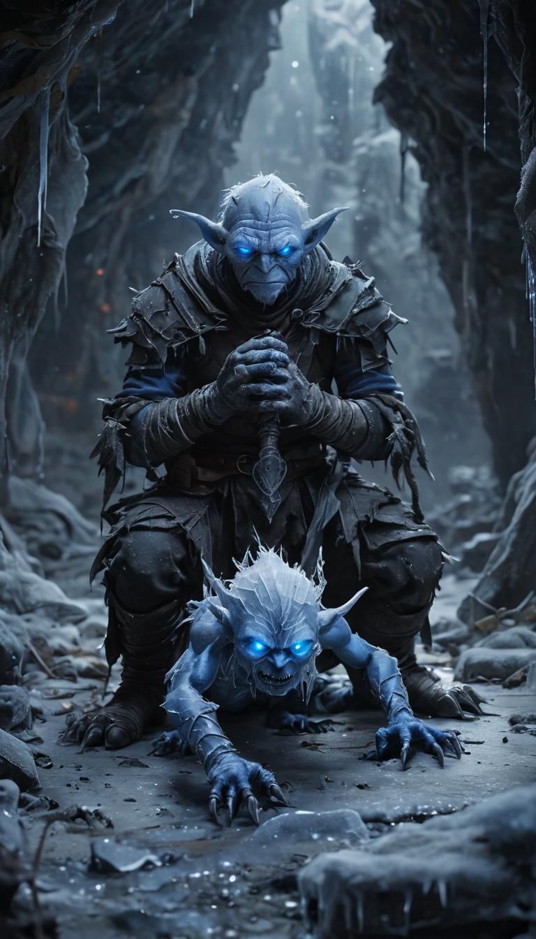 Icy Goblin in Frozen Cavern: Dark Fantasy Art