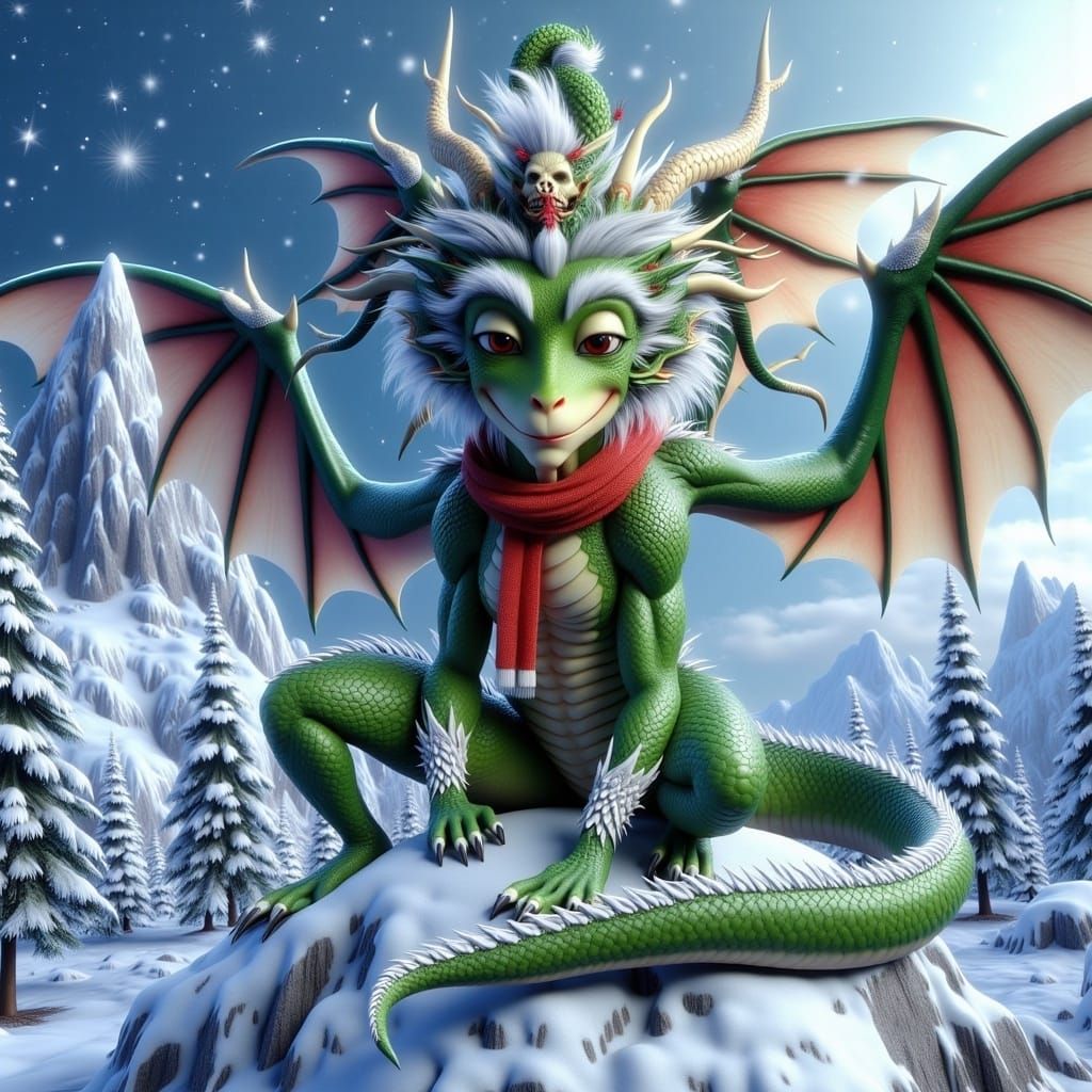 Mythical Snow Dragon Sits on Frosty Mountain Peak