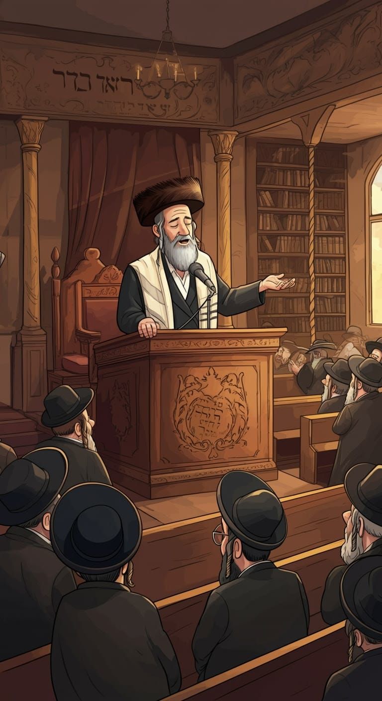 Hasidic Cantor in Synagogue: Cartoon-Style Illustration