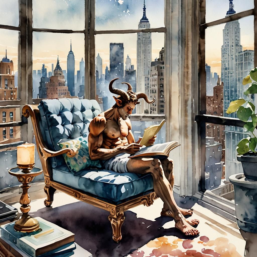 Satyr Reading in a Penthouse Watercolor