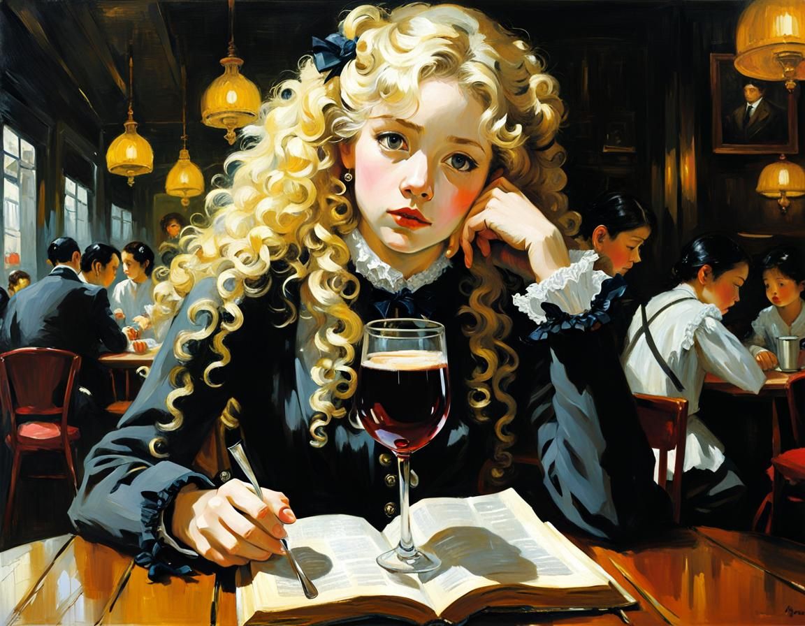 Cafe Scene with Woman Reading, in Expressionist Style