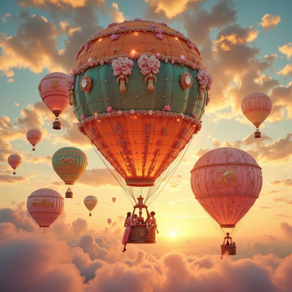 Hot Air Balloons Shaped Like Hermes Bags in Cotton Candy Sky