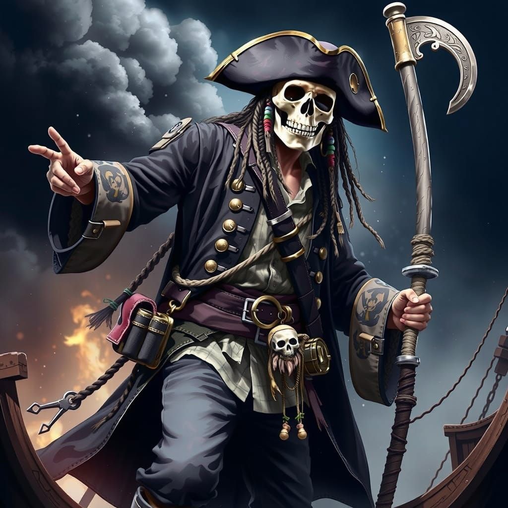 Skeletal Pirate Captain with Dreadlocks and Tattoos