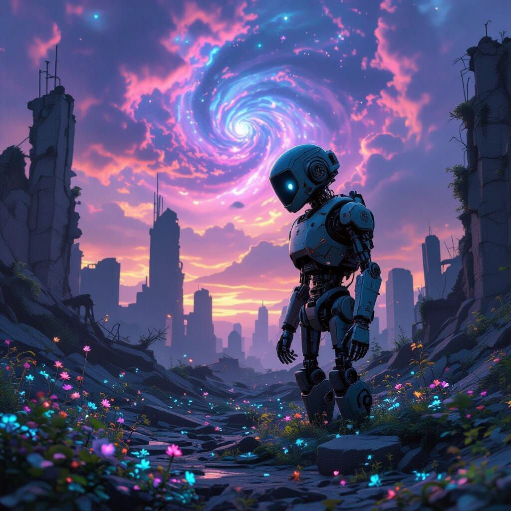 Weathered Robot in Bioluminescent City Ruins