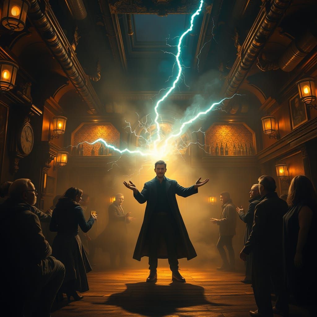 Mystic Summoner Unleashes Electricity in Smoky Bar