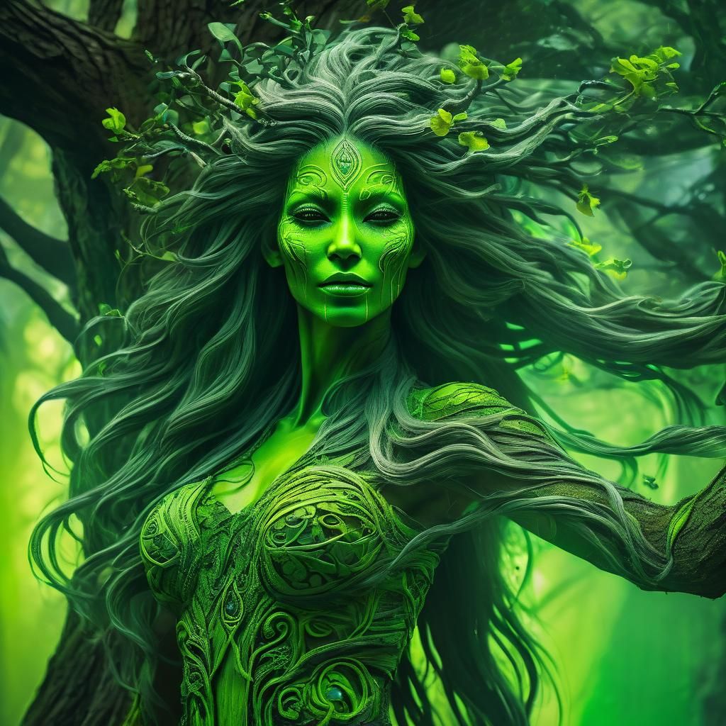 Ethereal Tree Spirit with Flowing Neon Green Hair