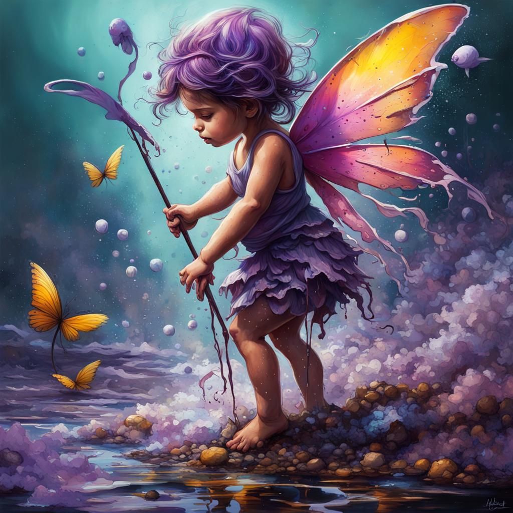 Baby Fairy Sweeping Ocean Floor in Graffiti Art