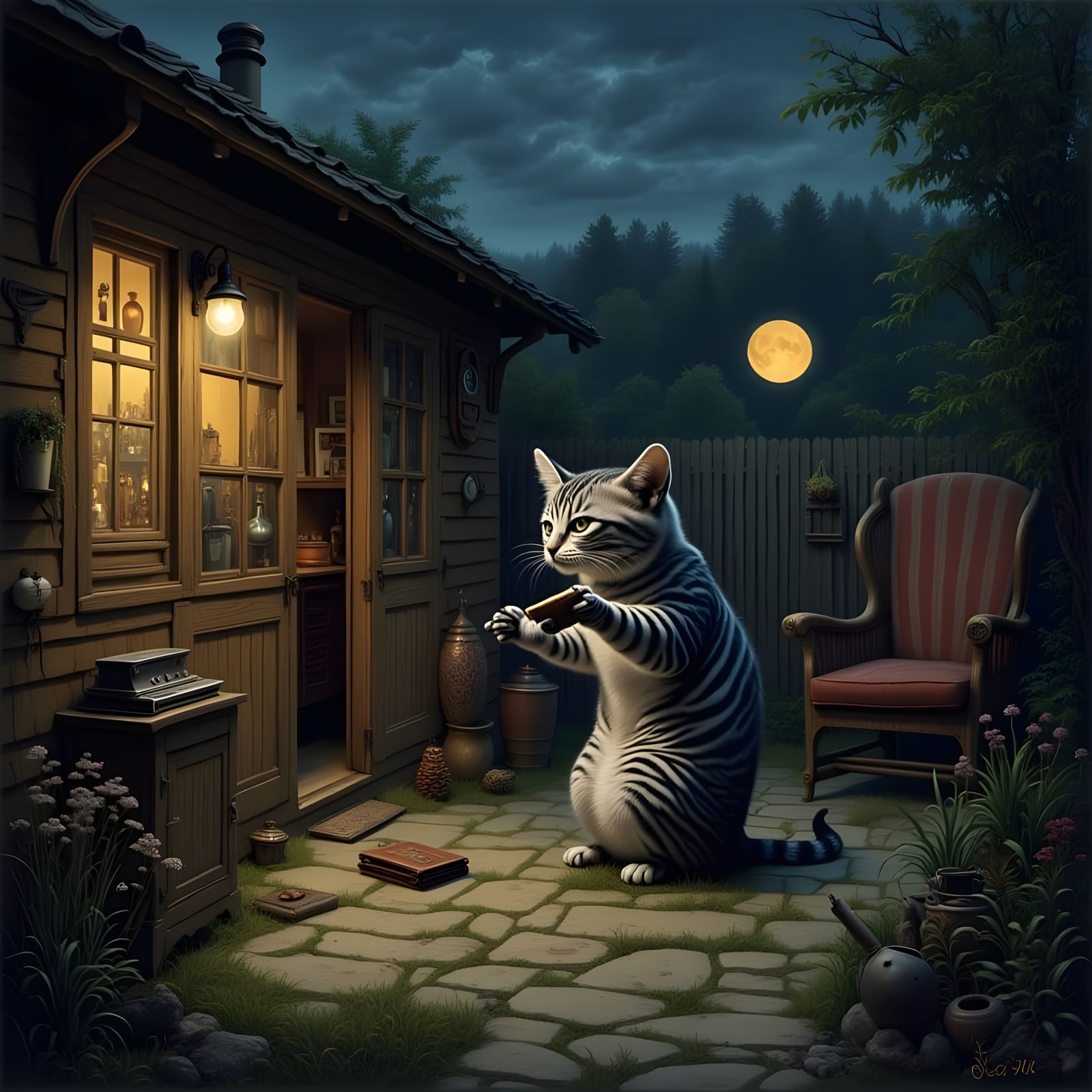 Whimsical Nighttime Scene of a Sneaky Cat Stealing from an U...