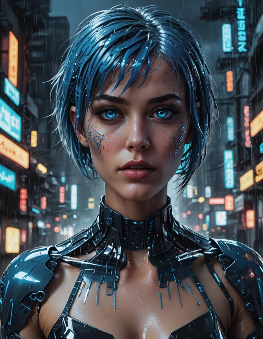 Beautiful Cybergirl in Dystopian Cyberpunk Cityscape