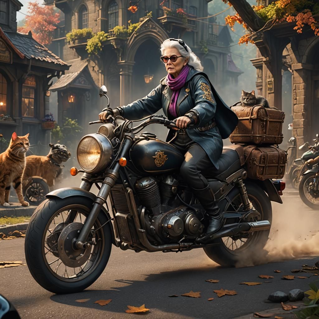 Cat Lady on Motorcycle: Detailed Fantasy Art