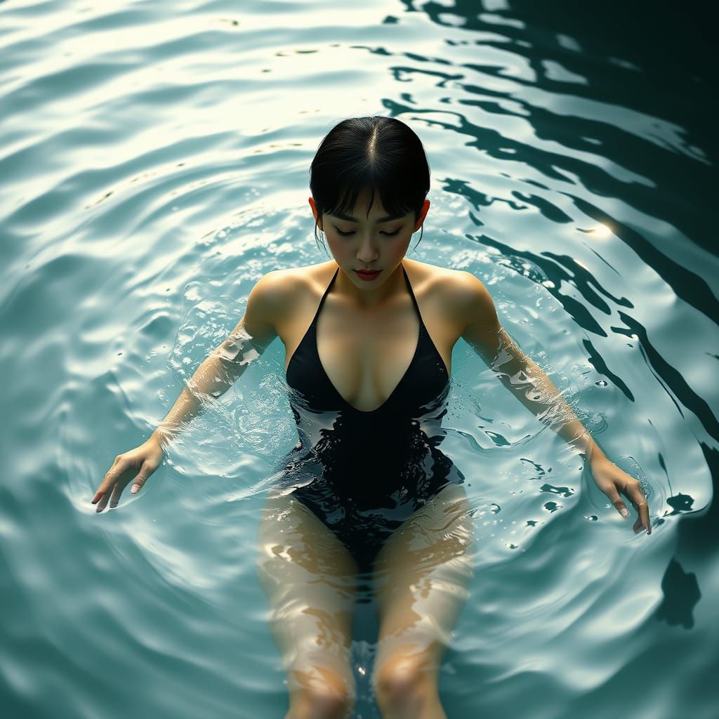 Serene Japanese Woman in Swimsuit Amidst Rippling Water