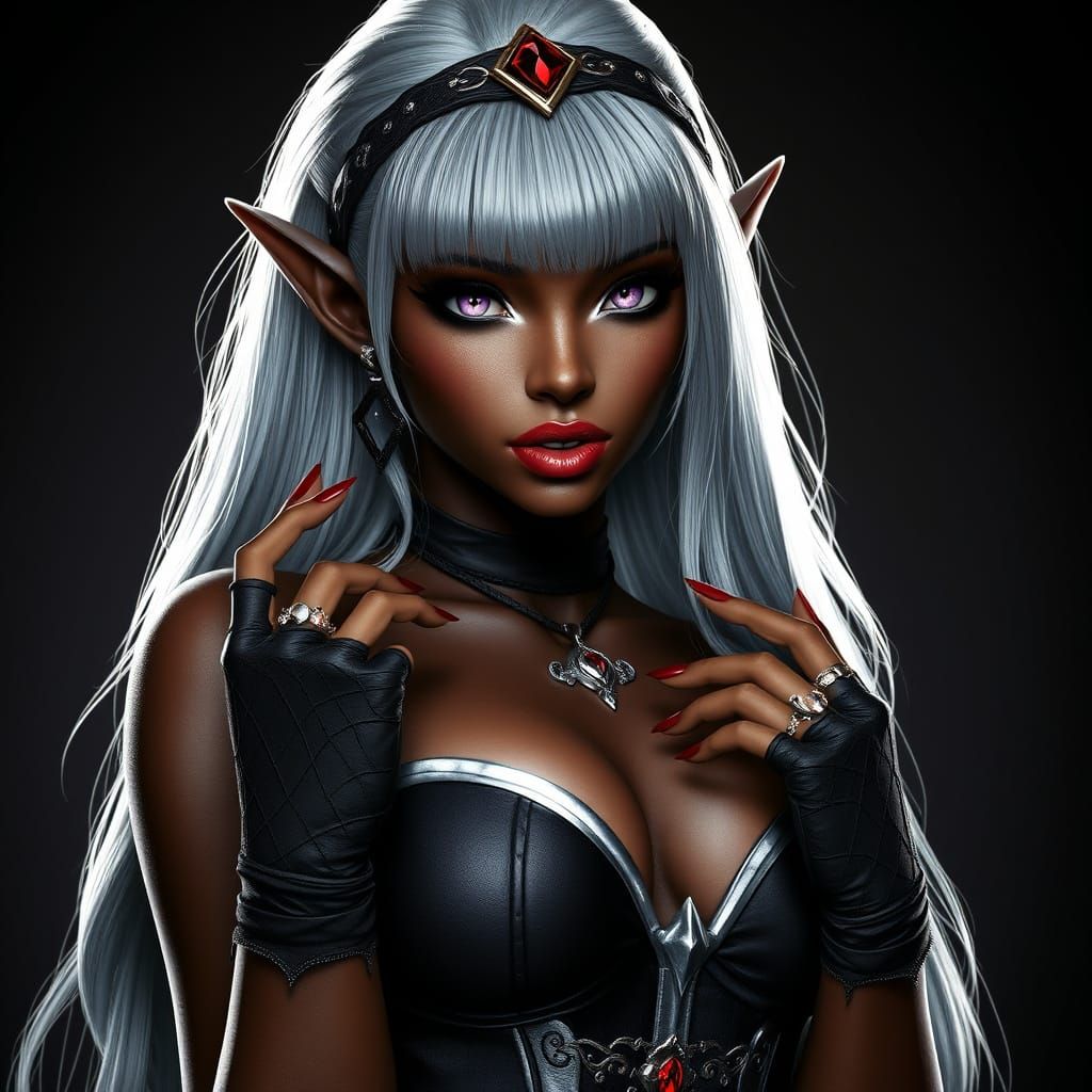 Enchanting Elf Maiden in Sultry Black Attire with Silver Acc...