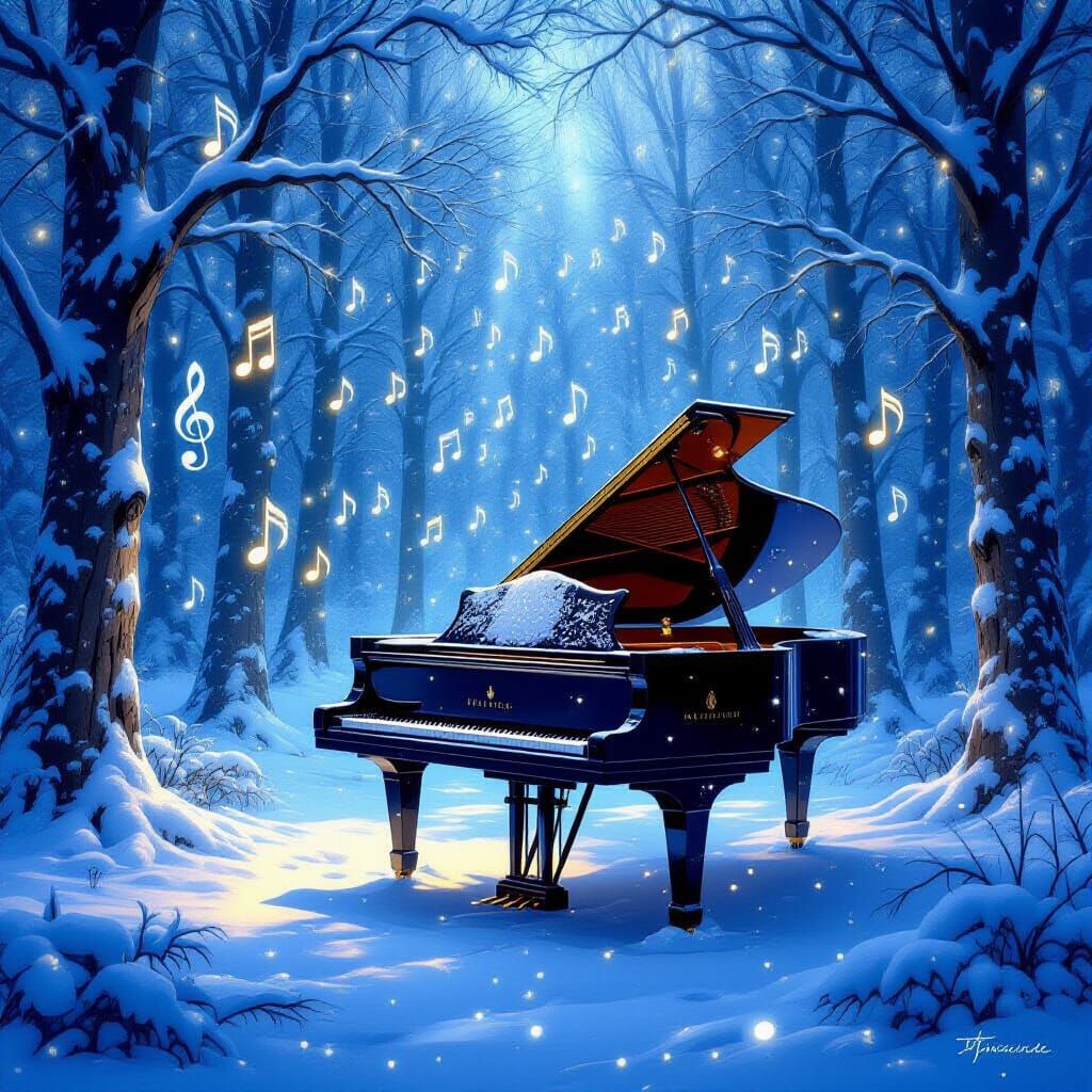 Enchanted Winter Forest with Musical Snowflakes and Piano