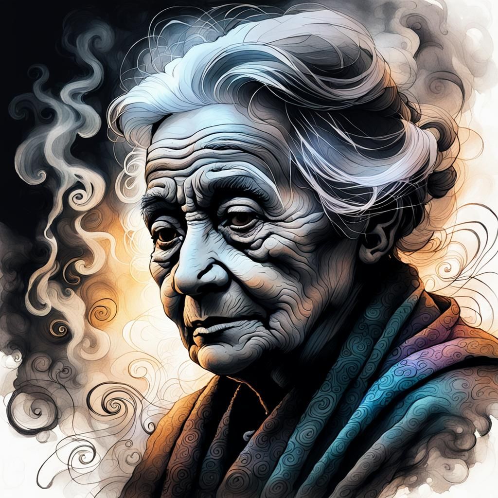 Ethereal Charcoal Sketch of an Old Woman