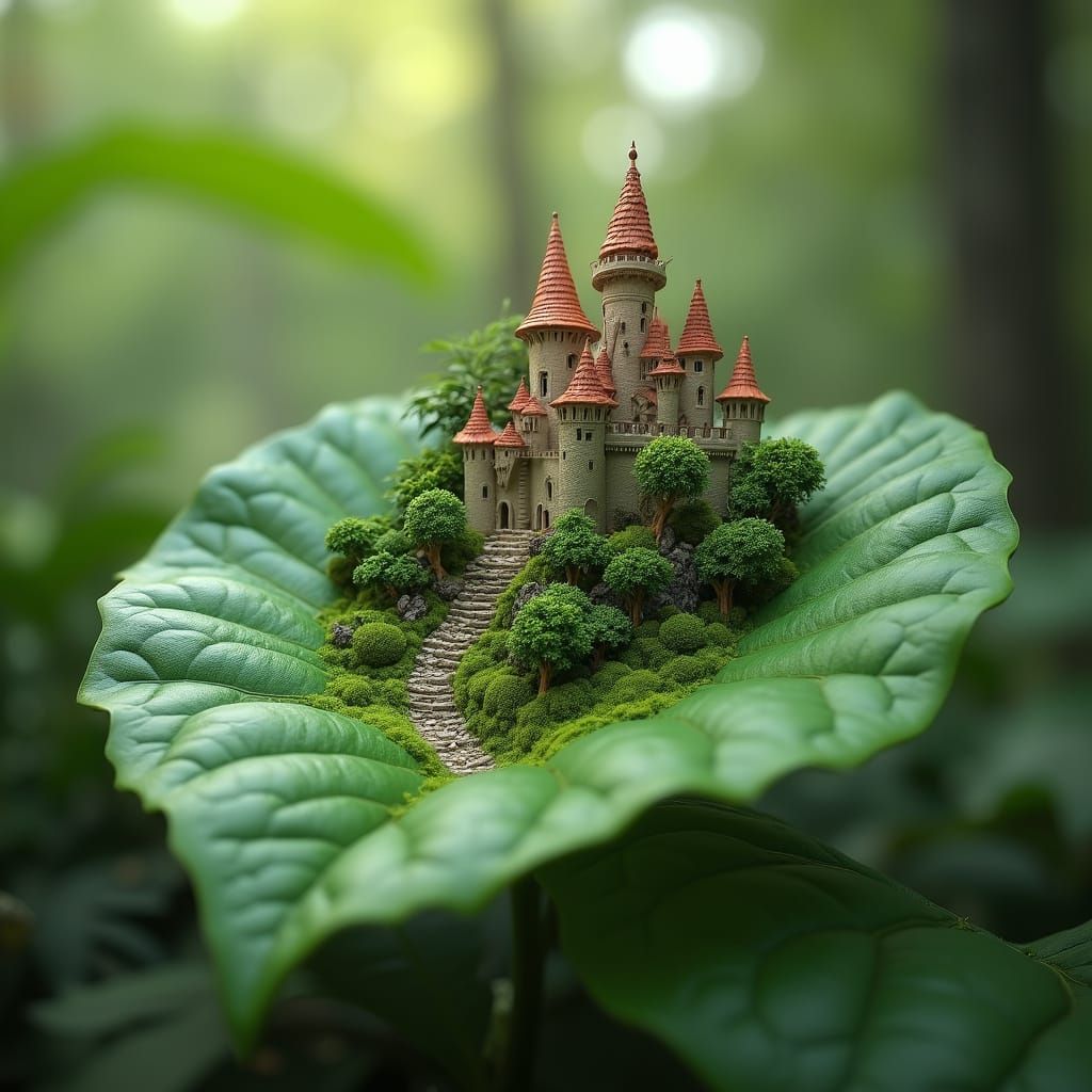 Whimsical Fairy Kingdom on a Lush Leaf in Hyperrealistic Sty...