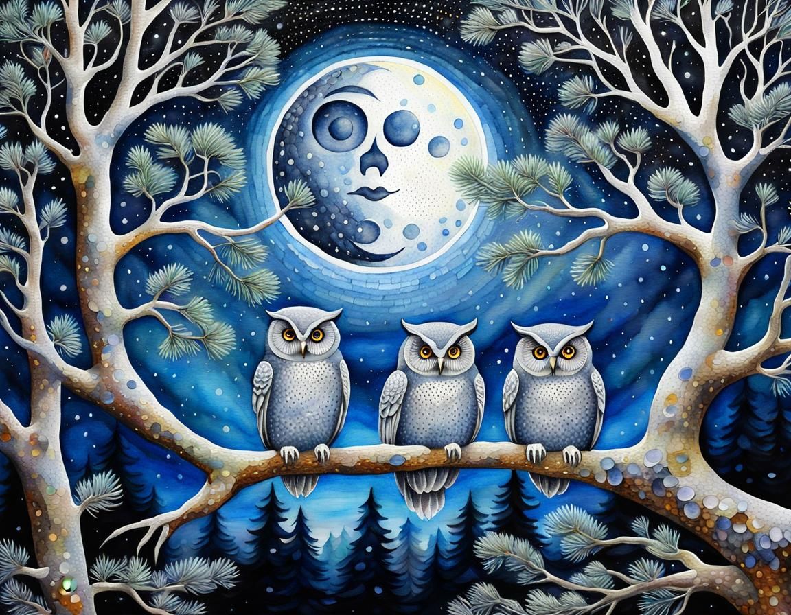 Ethereal Owl Family in Pointillist Watercolor