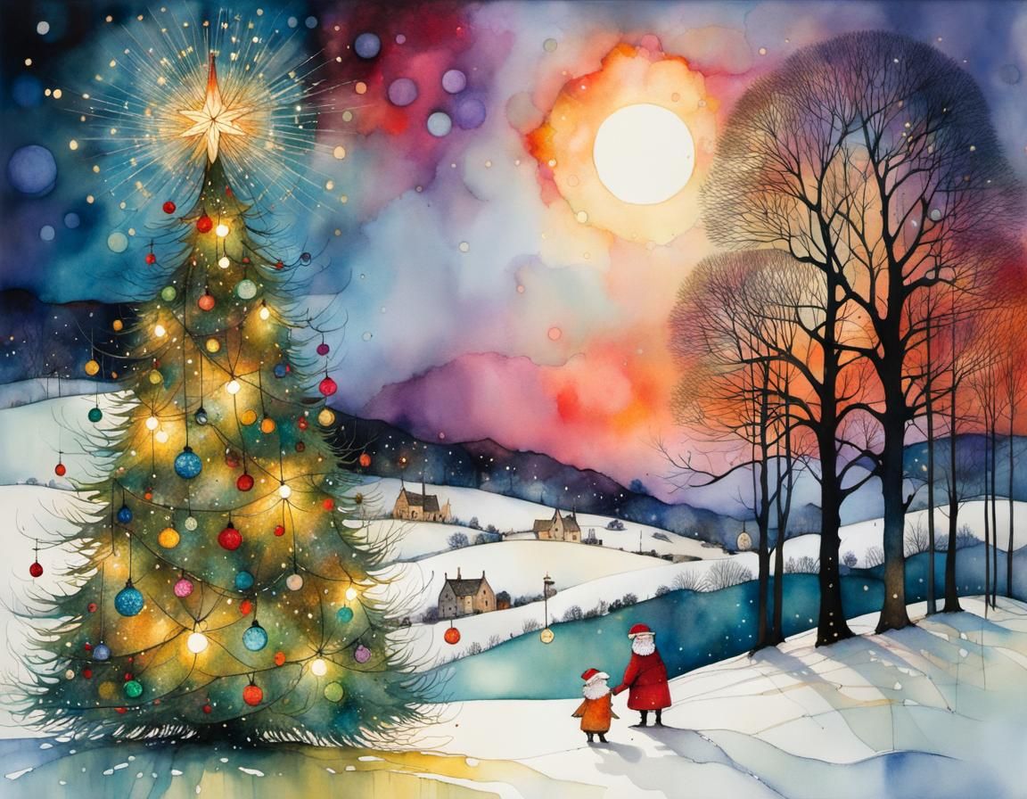 Whimsical Christmas Scene in Vibrant Ink and Watercolour Sty...