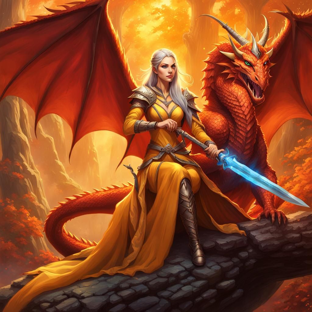 Elven Mage on Red Dragon with Magic Sword