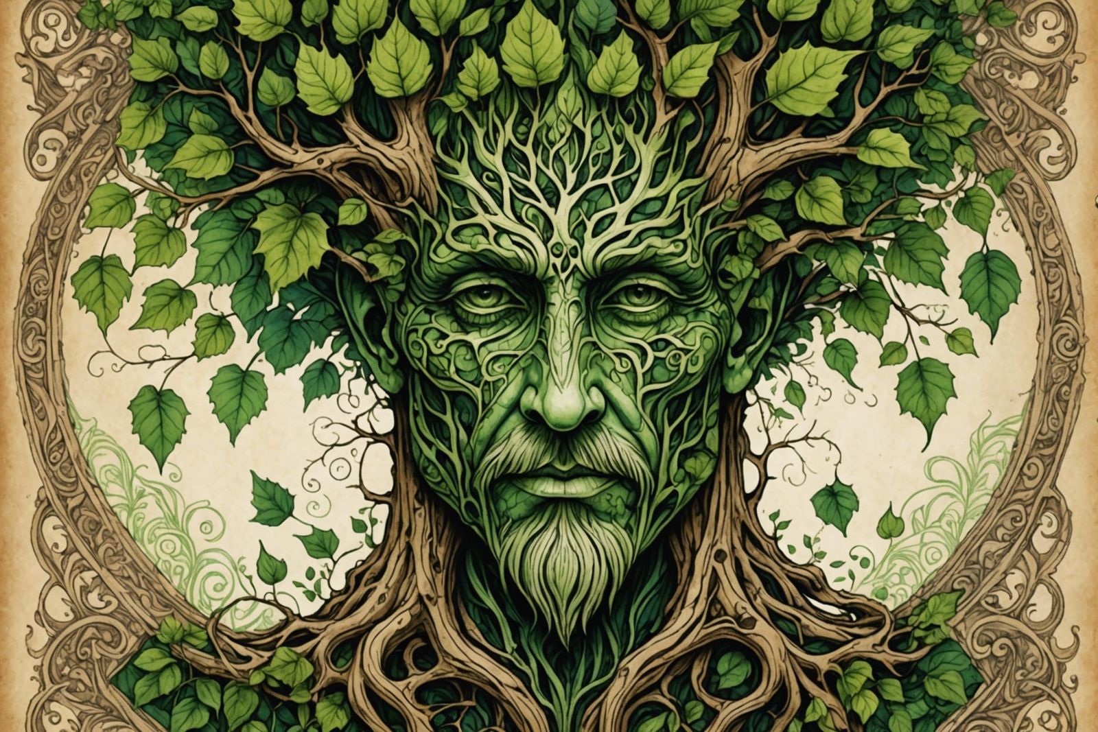 Gnarled Treant Ink Drawing on Parchment