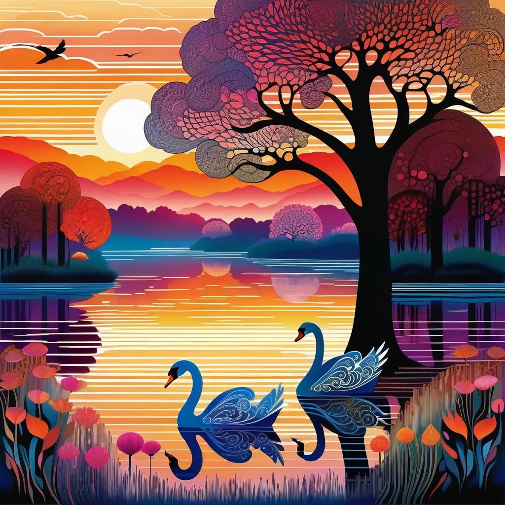 Dreamy Sunrise Fantasy Landscape with Swan