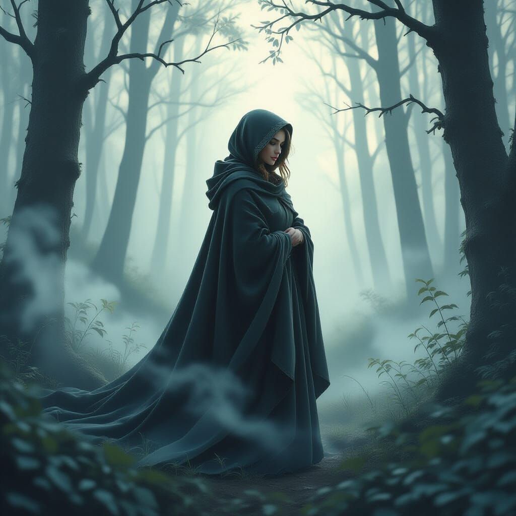 Ethereal Woman in Misty Forest, in Luminist Style