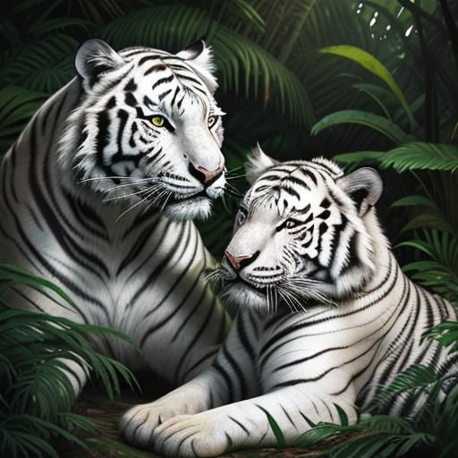 White Tiger and Cub in Jungle: Hyperrealistic Splash Art
