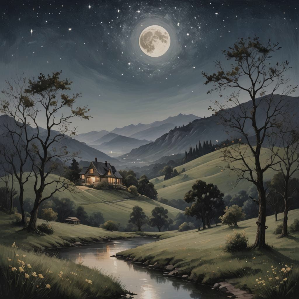 Romantic Landscape Under Moonlight Stars