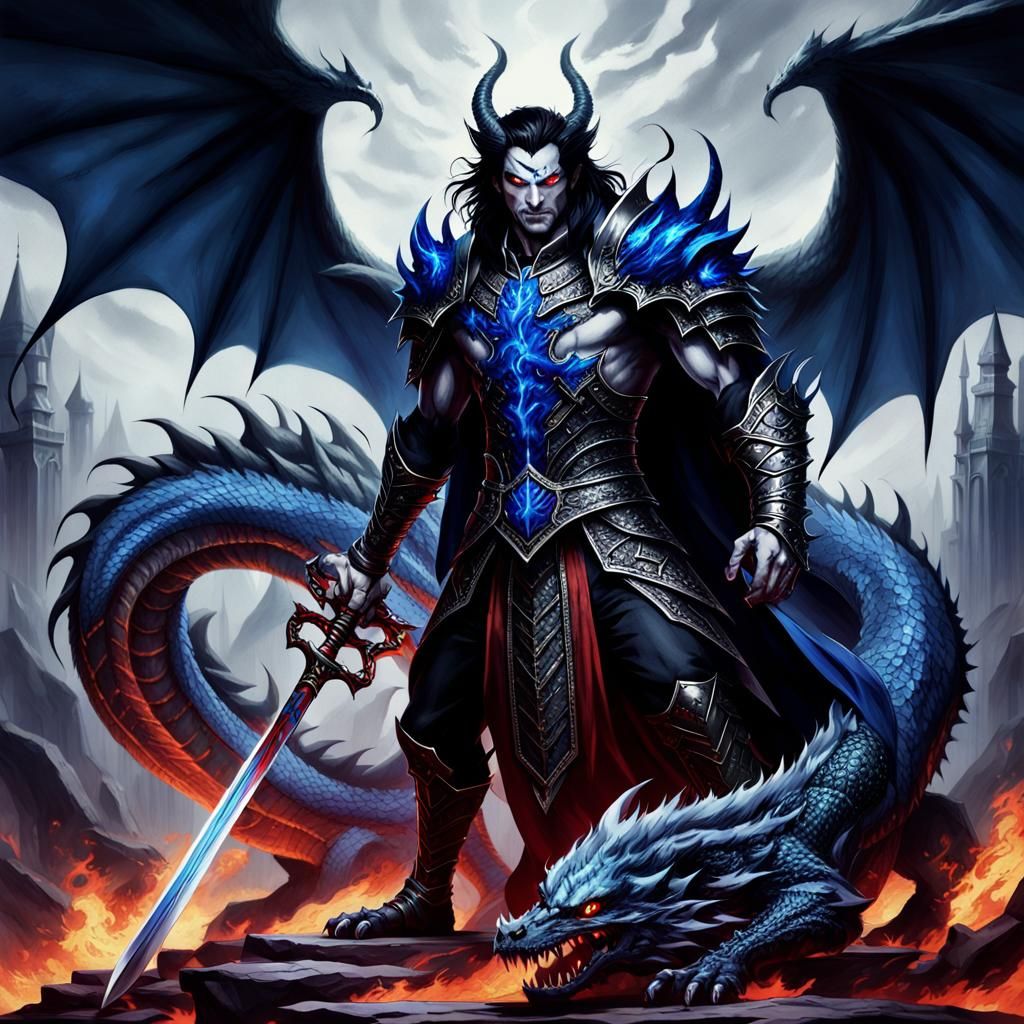 Vampire King with Wolves and Dragon in Blue Flames