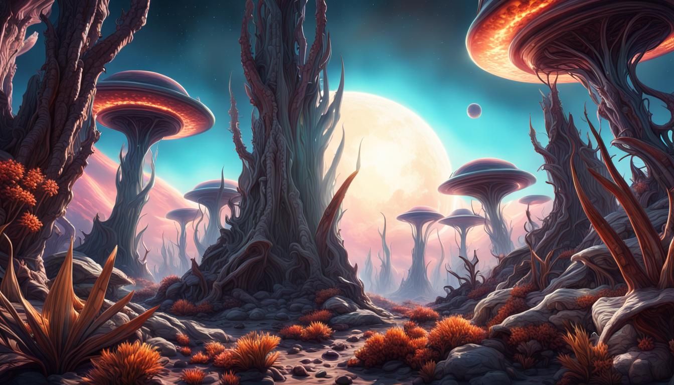 Hyperrealistic Alien Ecosystem with Luminescent Flora