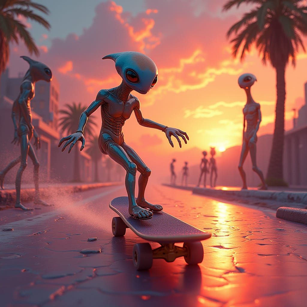 Distant Planet Sunset with Alien Observers in Hyperrealistic...