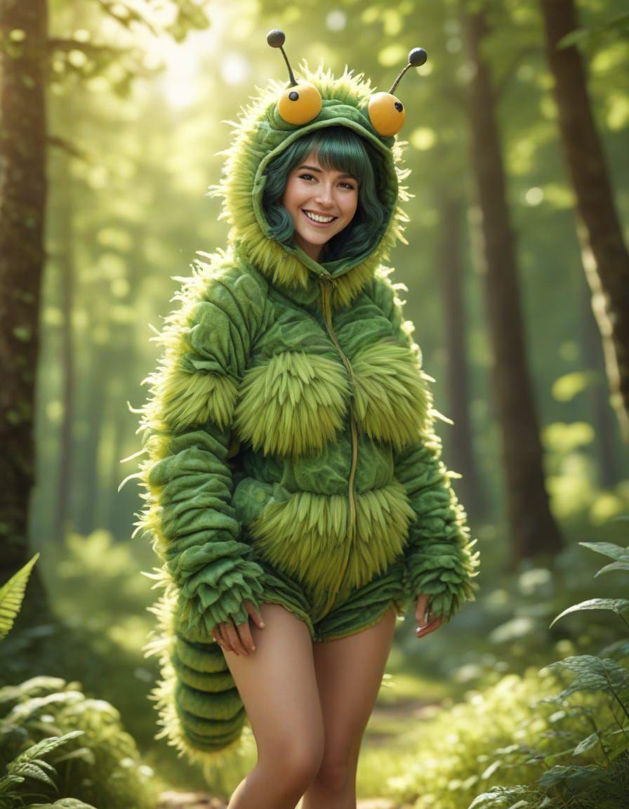 Woman in Caterpillar Costume in Sunny Forest