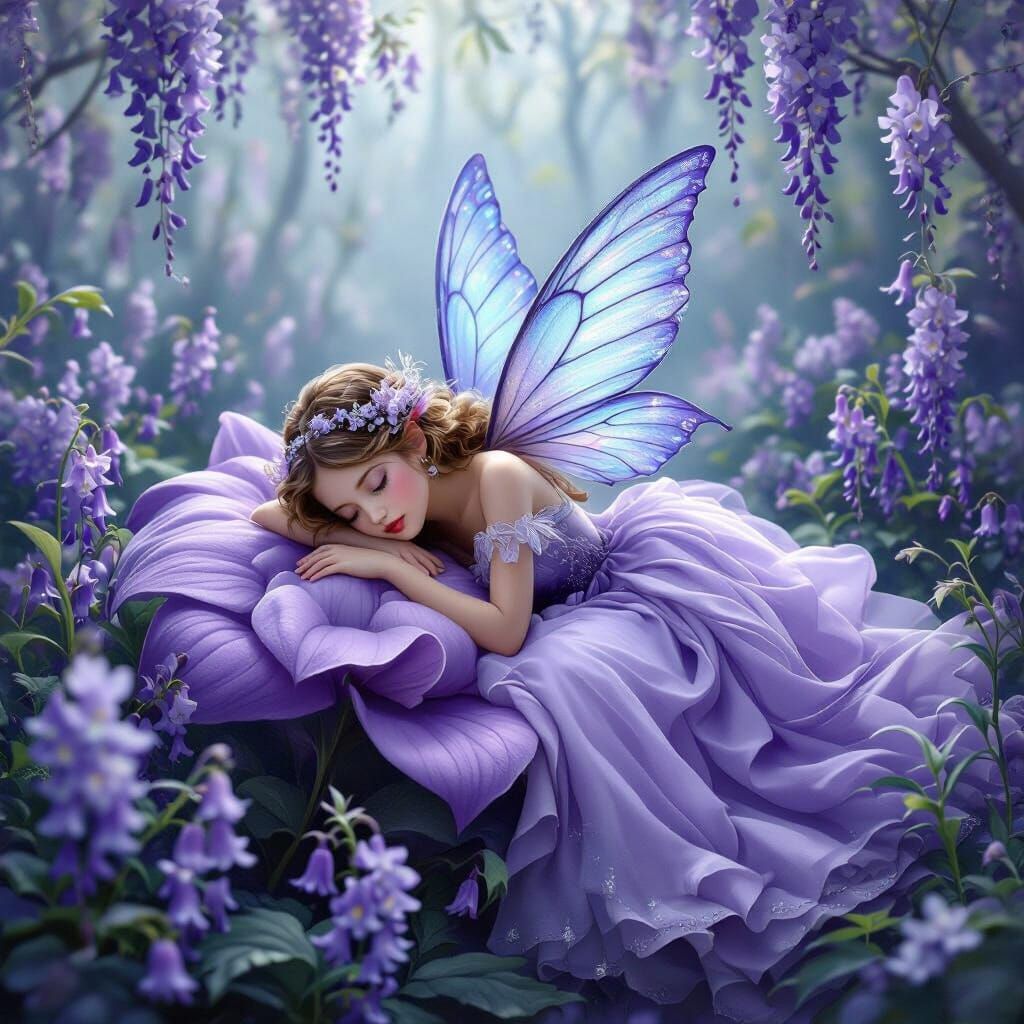 Fairy Sleeping on Purple Flower in Dreamy Landscape