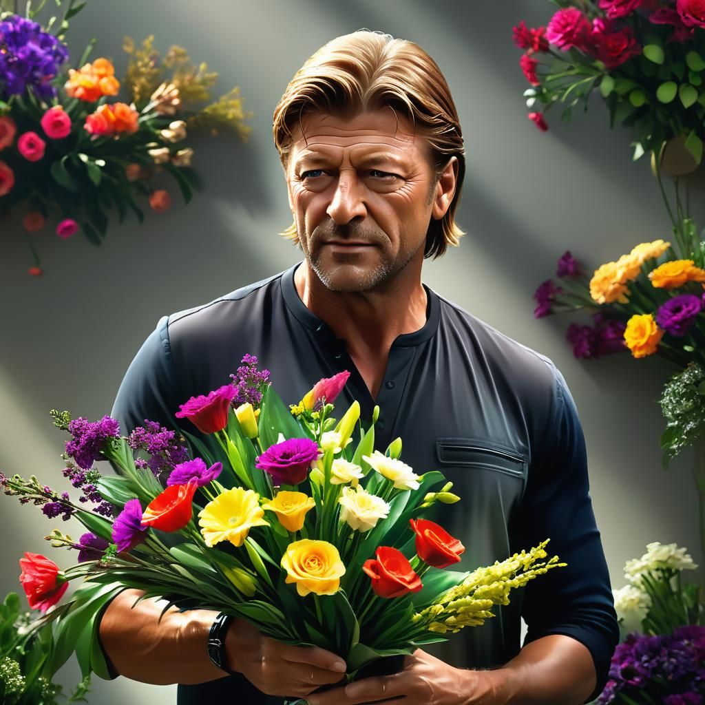 Hyperrealistic Florist Portrait with Dramatic Lighting