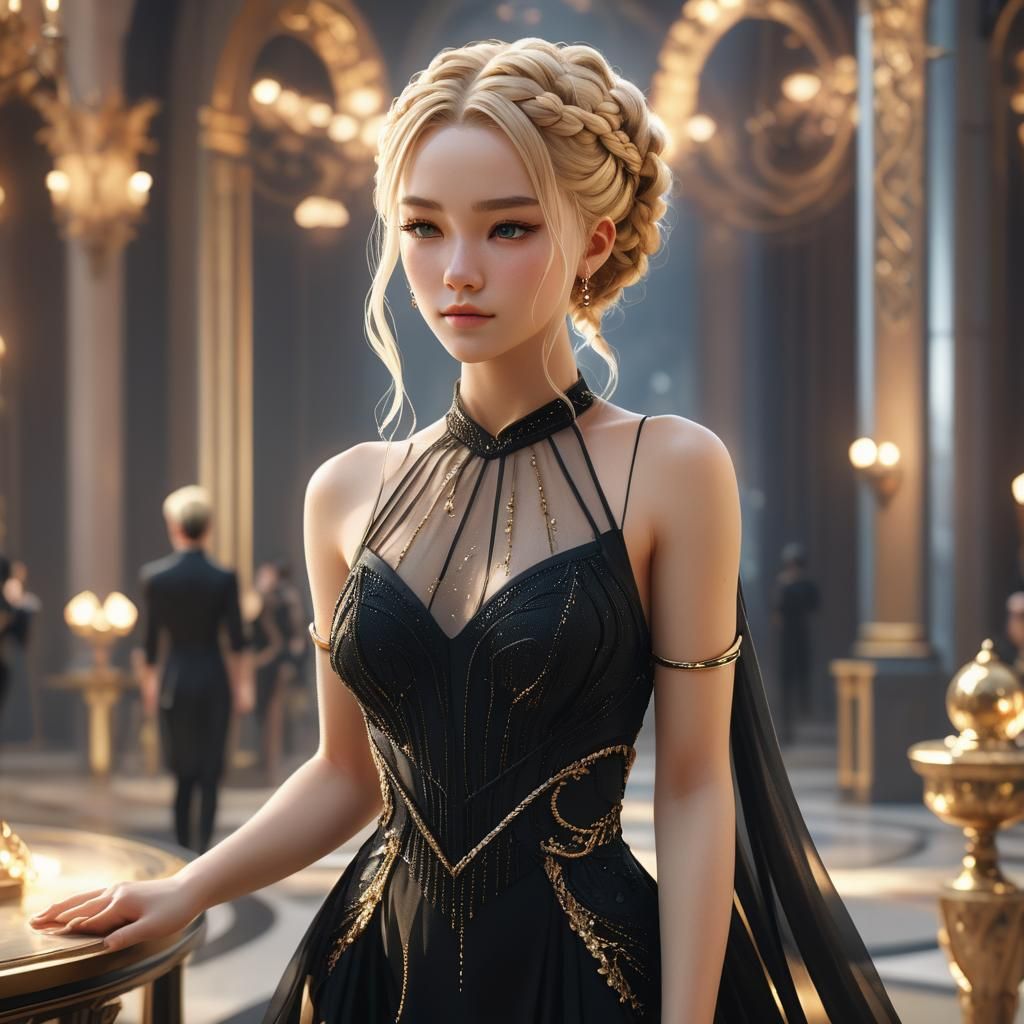 Fantasy Ball: Blond Woman in 3D Anime Style