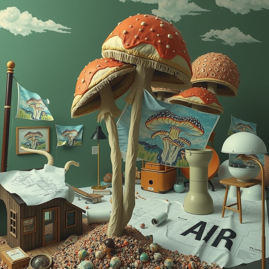 Surrealist Landscape with Mushroom Flags and Modernist Cabin