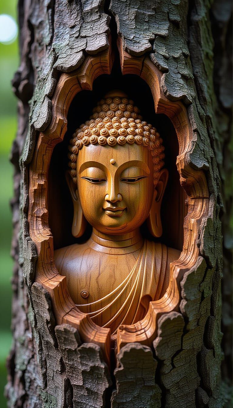 Miniature Buddha Wood Carving in Tree Hollow