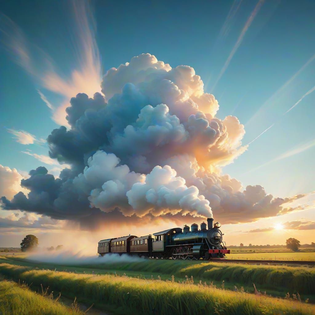 Surreal Whimsy: Steam Engine Clouds Over Serene Countryside