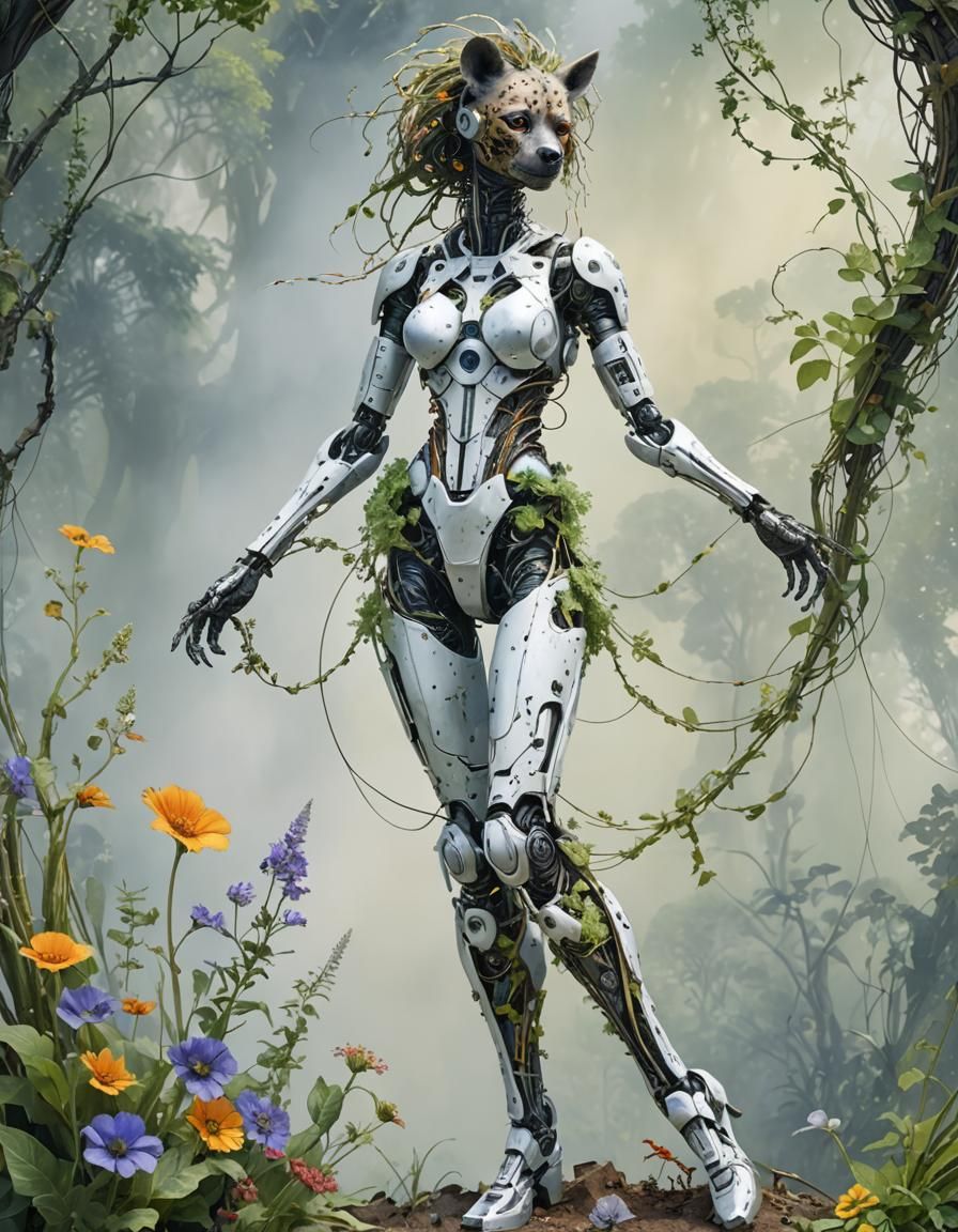 Biopunk Hyena Robot in Botanical Jumpsuit