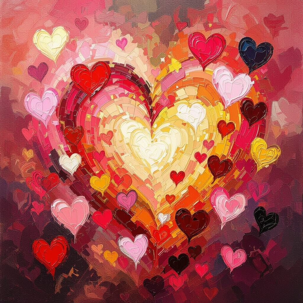 Abstract Hearts Explode in Vibrant Impasto Style