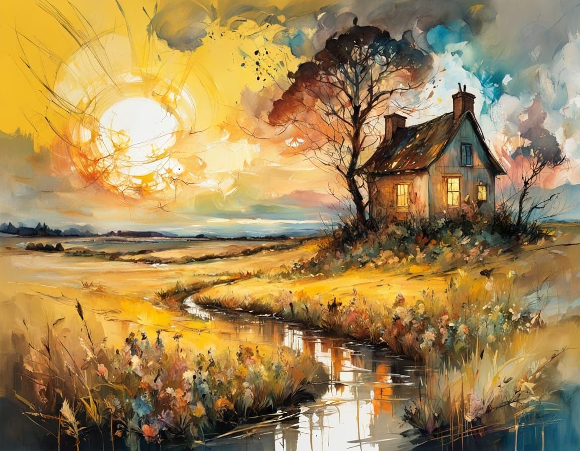 Golden Wheat Field At Sunset In Gouache Style